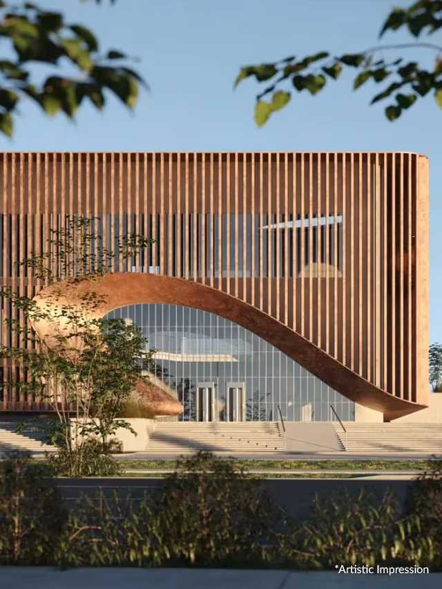 Curved timber-clad facade of a Hero Homes building