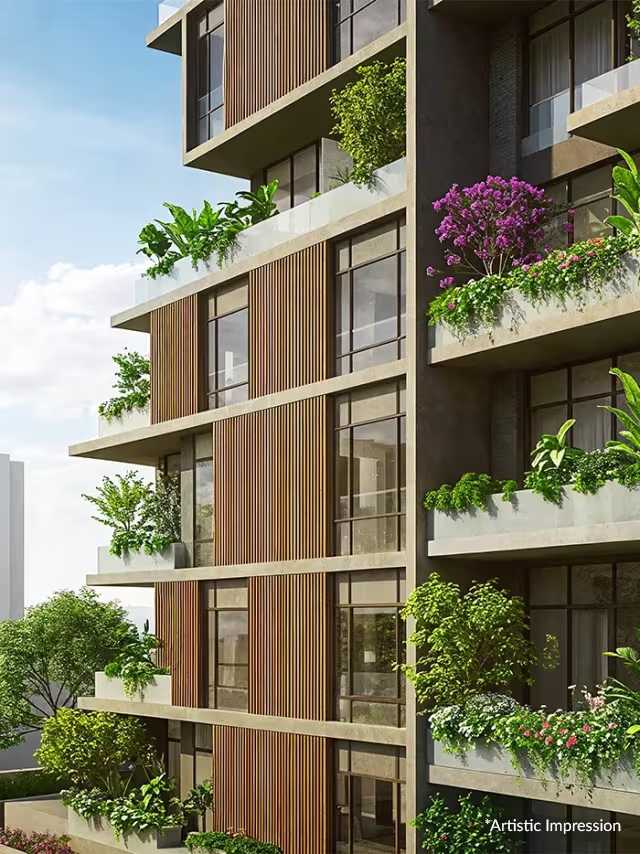 Residential tower with planted balconies and green terraces